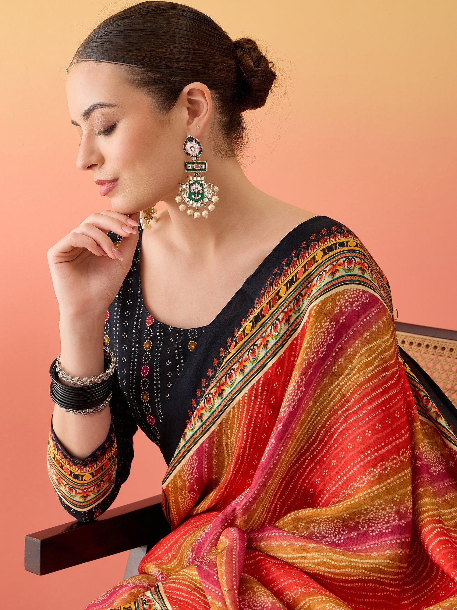 SURTAAL-Sunset Leheriya Printed Saree with Artistic Scenic Pallu & Black Border