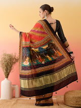 SURTAAL-Sunset Leheriya Printed Saree with Artistic Scenic Pallu & Black Border