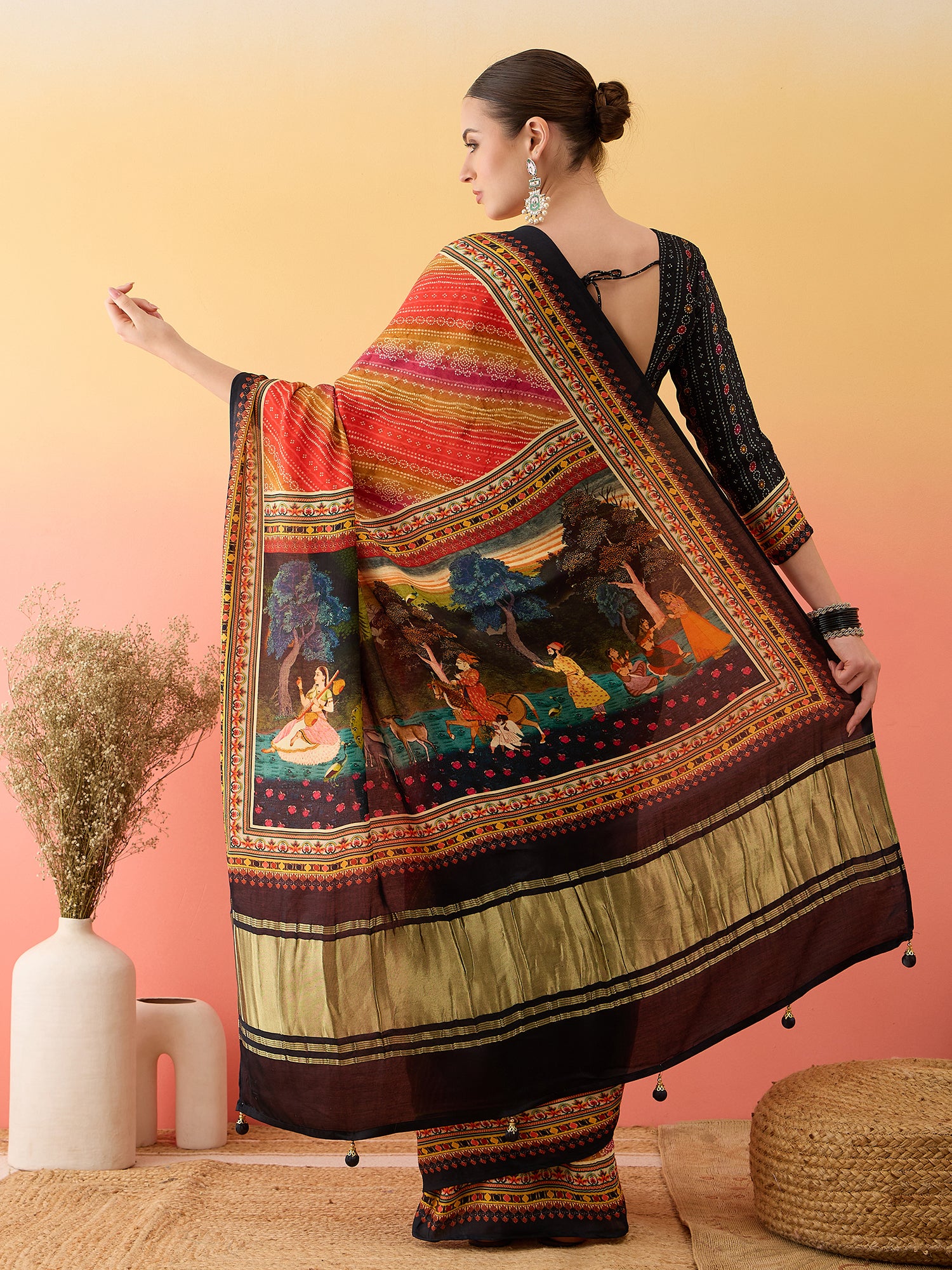 SURTAAL-Sunset Leheriya Printed Saree with Artistic Scenic Pallu & Black Border