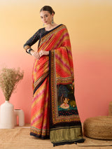 SURTAAL-Sunset Leheriya Printed Saree with Artistic Scenic Pallu & Black Border