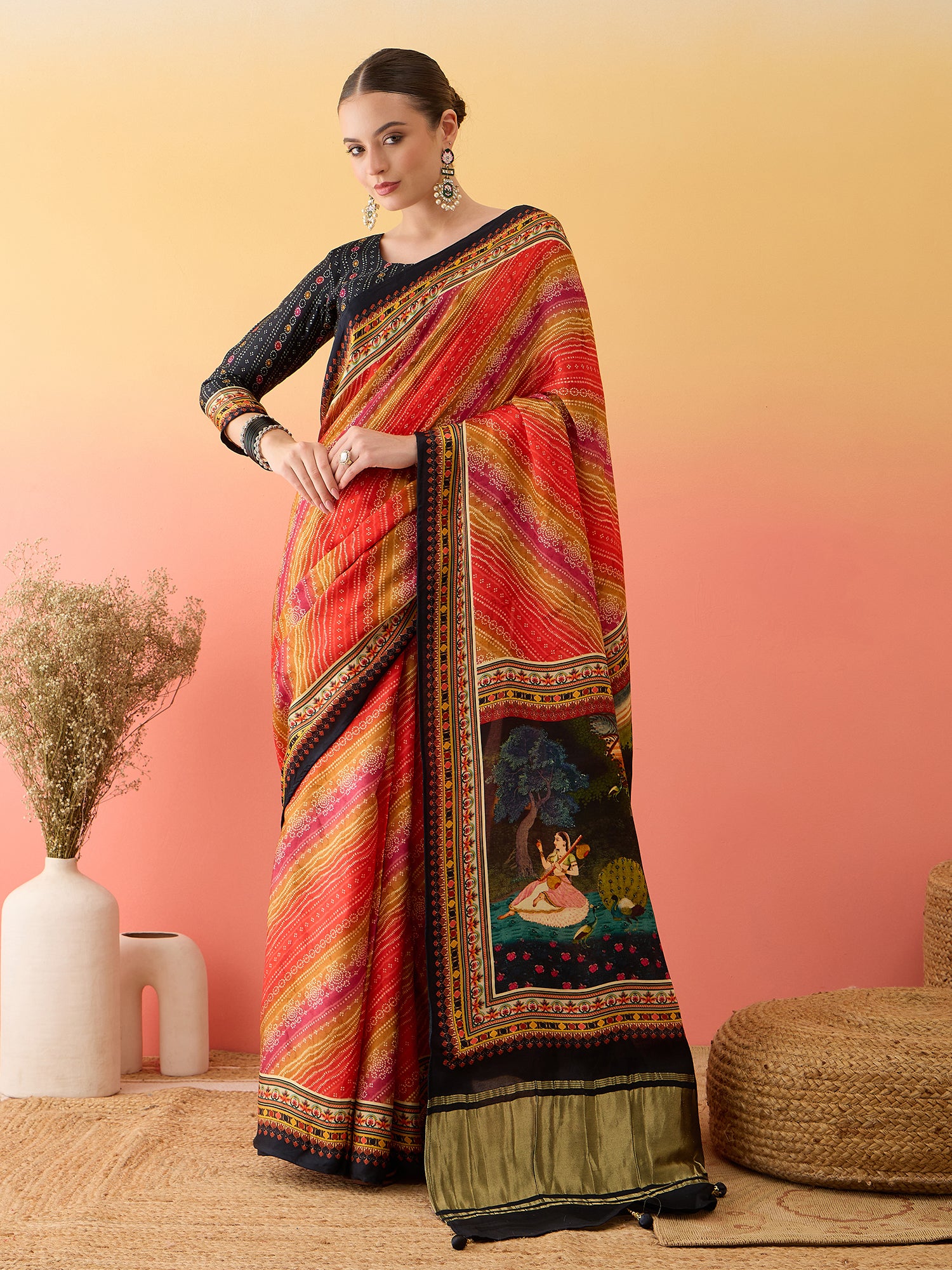 SURTAAL-Sunset Leheriya Printed Saree with Artistic Scenic Pallu & Black Border