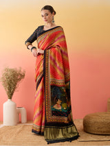 SURTAAL-Sunset Leheriya Printed Saree with Artistic Scenic Pallu & Black Border
