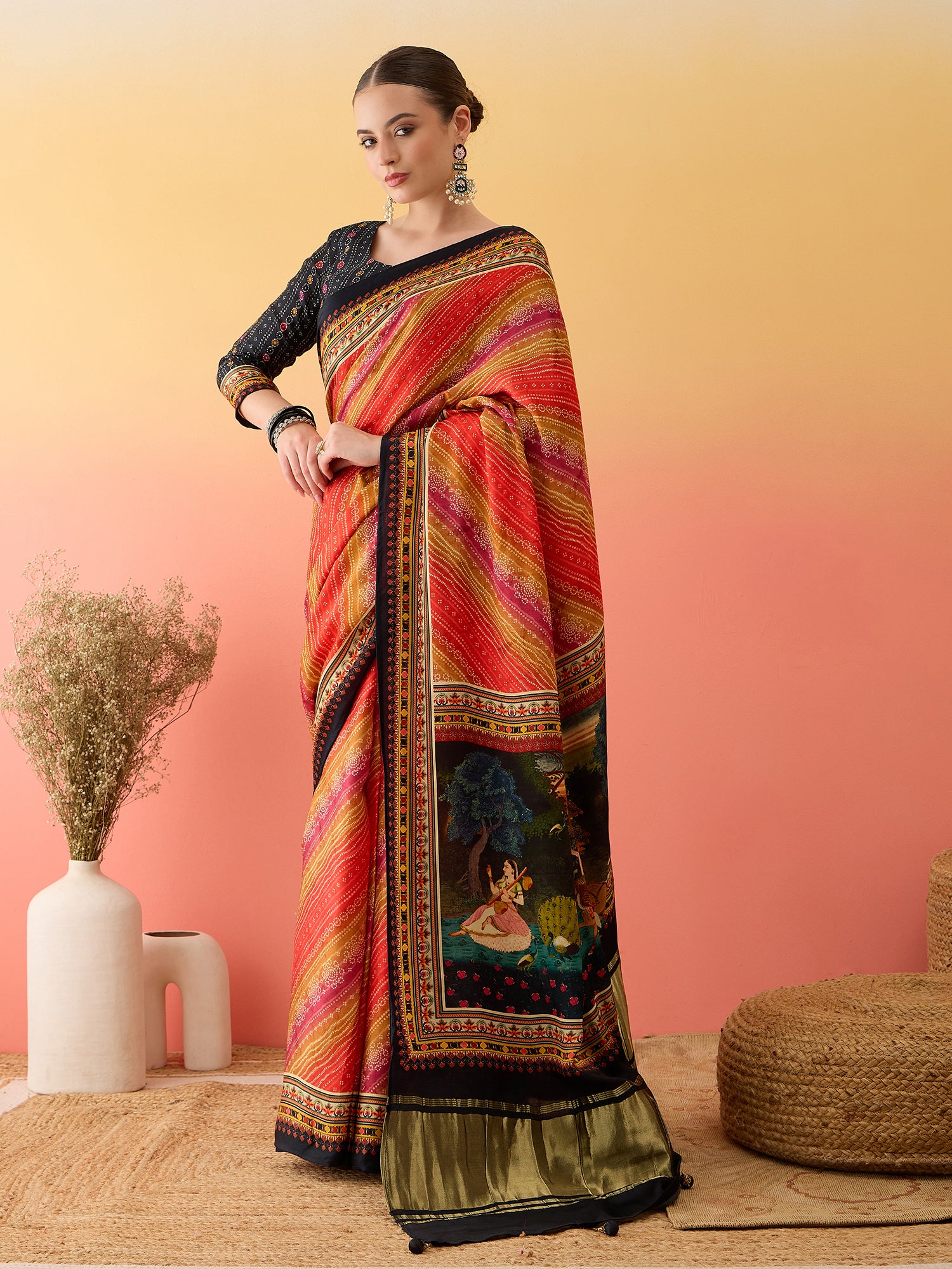 SURTAAL-Sunset Leheriya Printed Saree with Artistic Scenic Pallu & Black Border