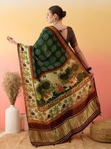 SURTAAL-Elegant dark green saree with intricate floral and nature-inspired prints