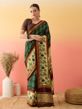 SURTAAL-Elegant dark green saree with intricate floral and nature-inspired prints