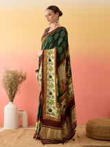 SURTAAL-Elegant dark green saree with intricate floral and nature-inspired prints