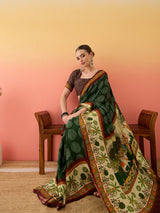 SURTAAL-Elegant dark green saree with intricate floral and nature-inspired prints