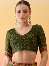 SURTAAL-Mustard Yellow Bandhani Print Saree with Artistic Village Scene Pallu & Traditional Border