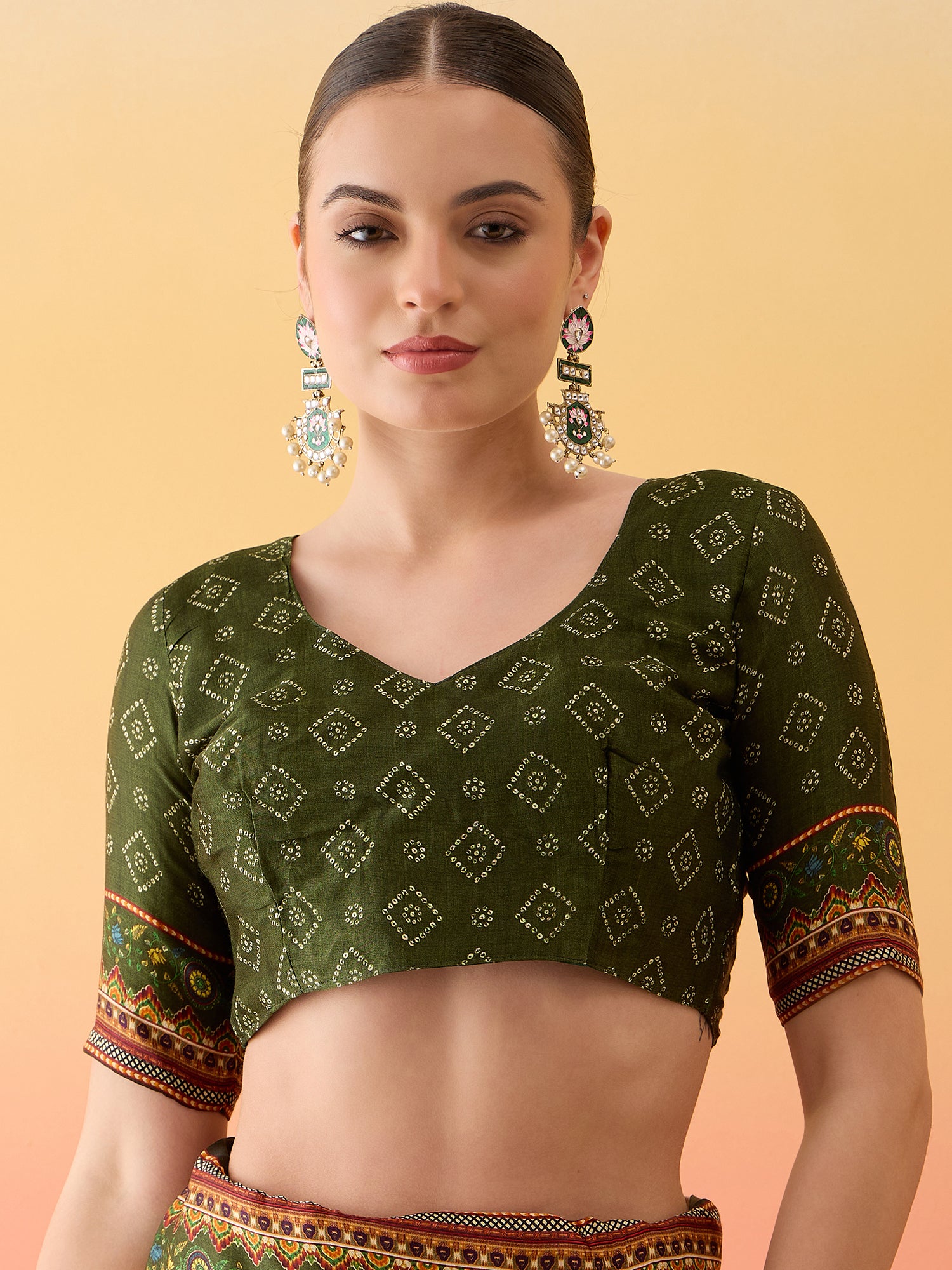 SURTAAL-Mustard Yellow Bandhani Print Saree with Artistic Village Scene Pallu & Traditional Border