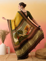 SURTAAL-Mustard Yellow Bandhani Print Saree with Artistic Village Scene Pallu & Traditional Border