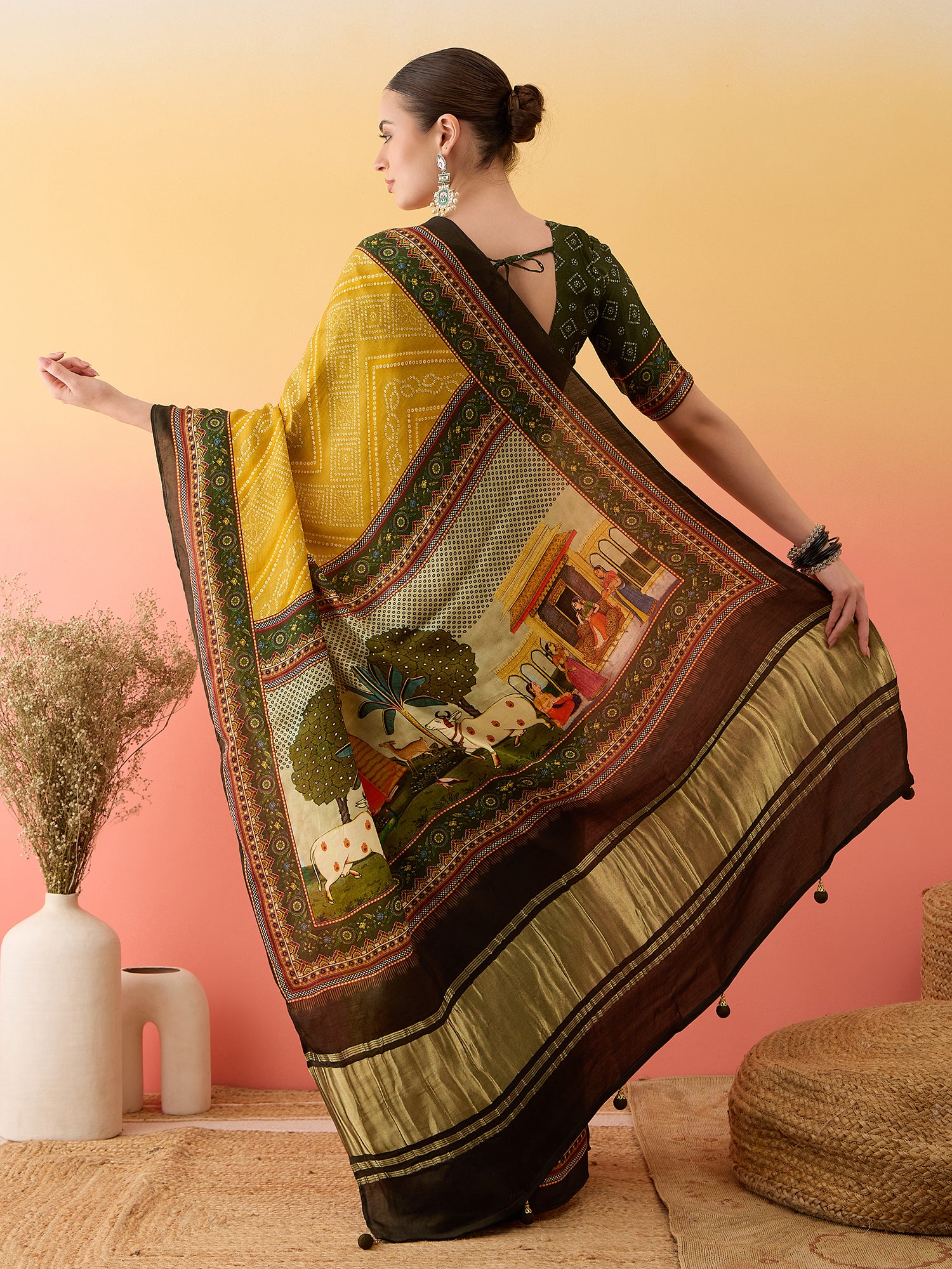 SURTAAL-Mustard Yellow Bandhani Print Saree with Artistic Village Scene Pallu & Traditional Border