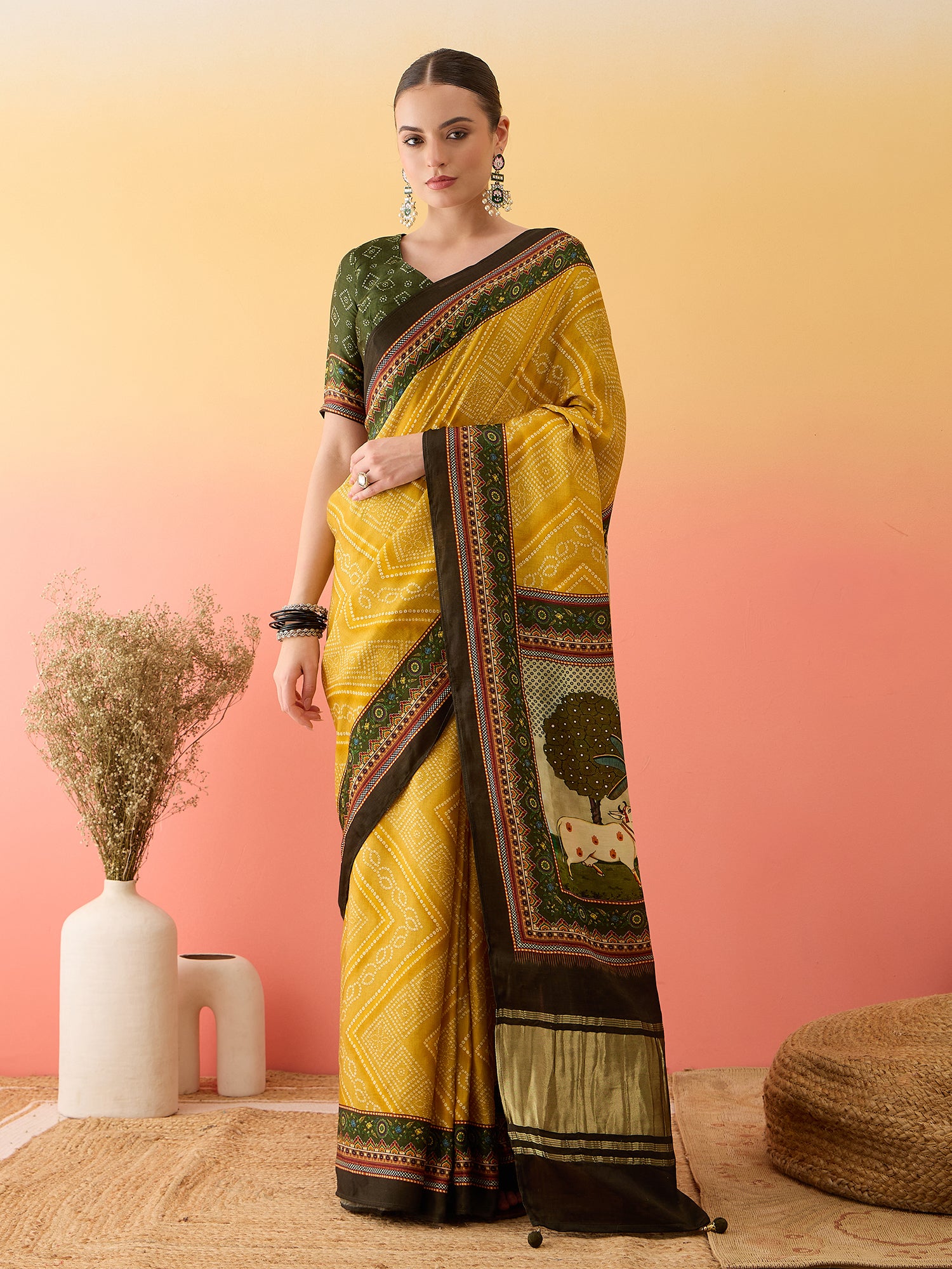 SURTAAL-Mustard Yellow Bandhani Print Saree with Artistic Village Scene Pallu & Traditional Border
