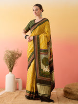 SURTAAL-Mustard Yellow Bandhani Print Saree with Artistic Village Scene Pallu & Traditional Border