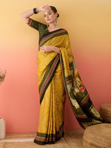 SURTAAL-Mustard Yellow Bandhani Print Saree with Artistic Village Scene Pallu & Traditional Border