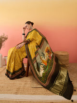 SURTAAL-Mustard Yellow Bandhani Print Saree with Artistic Village Scene Pallu & Traditional Border