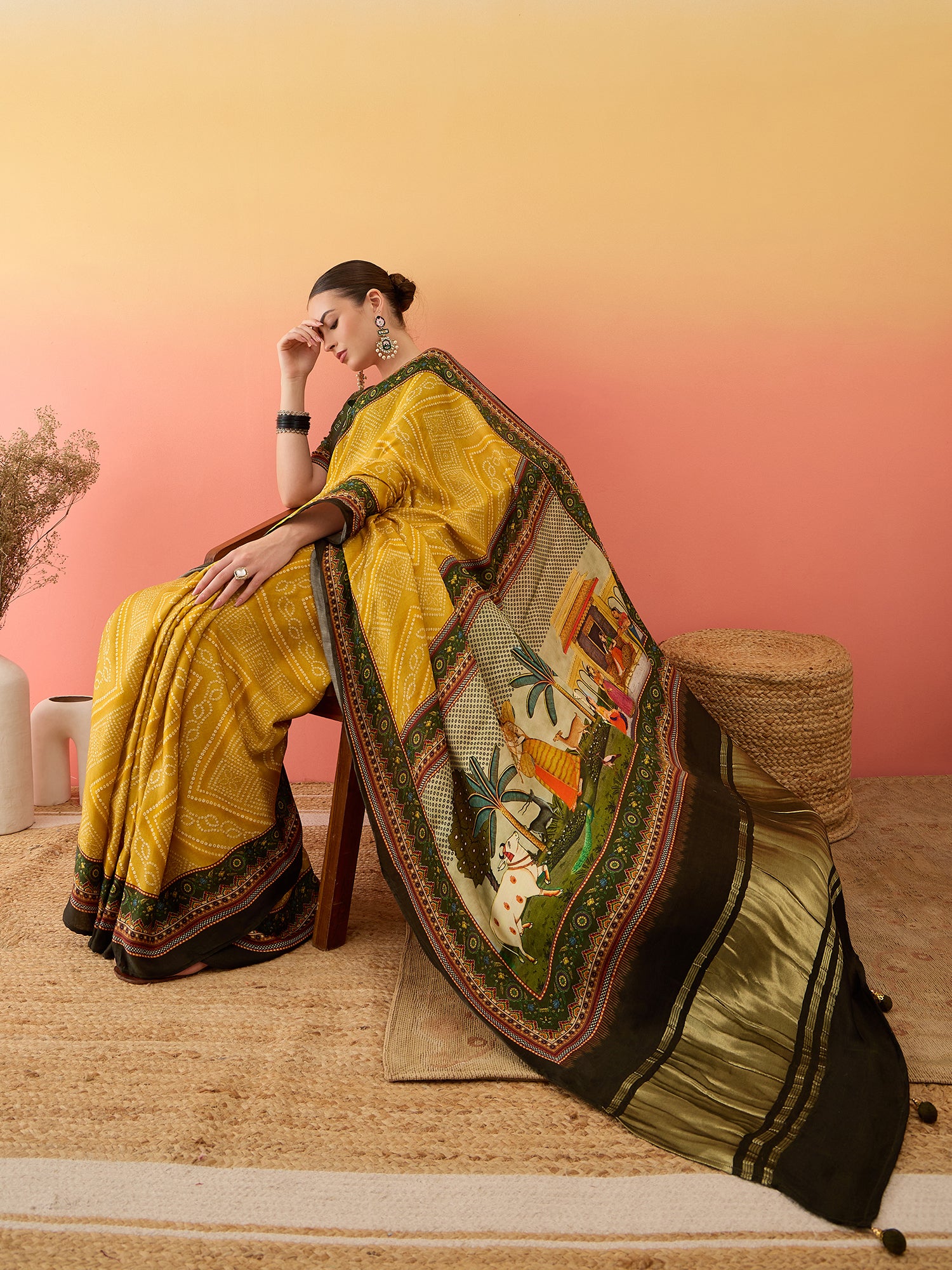 SURTAAL-Mustard Yellow Bandhani Print Saree with Artistic Village Scene Pallu & Traditional Border