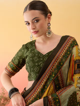 SURTAAL-Mustard Yellow Bandhani Print Saree with Artistic Village Scene Pallu & Traditional Border