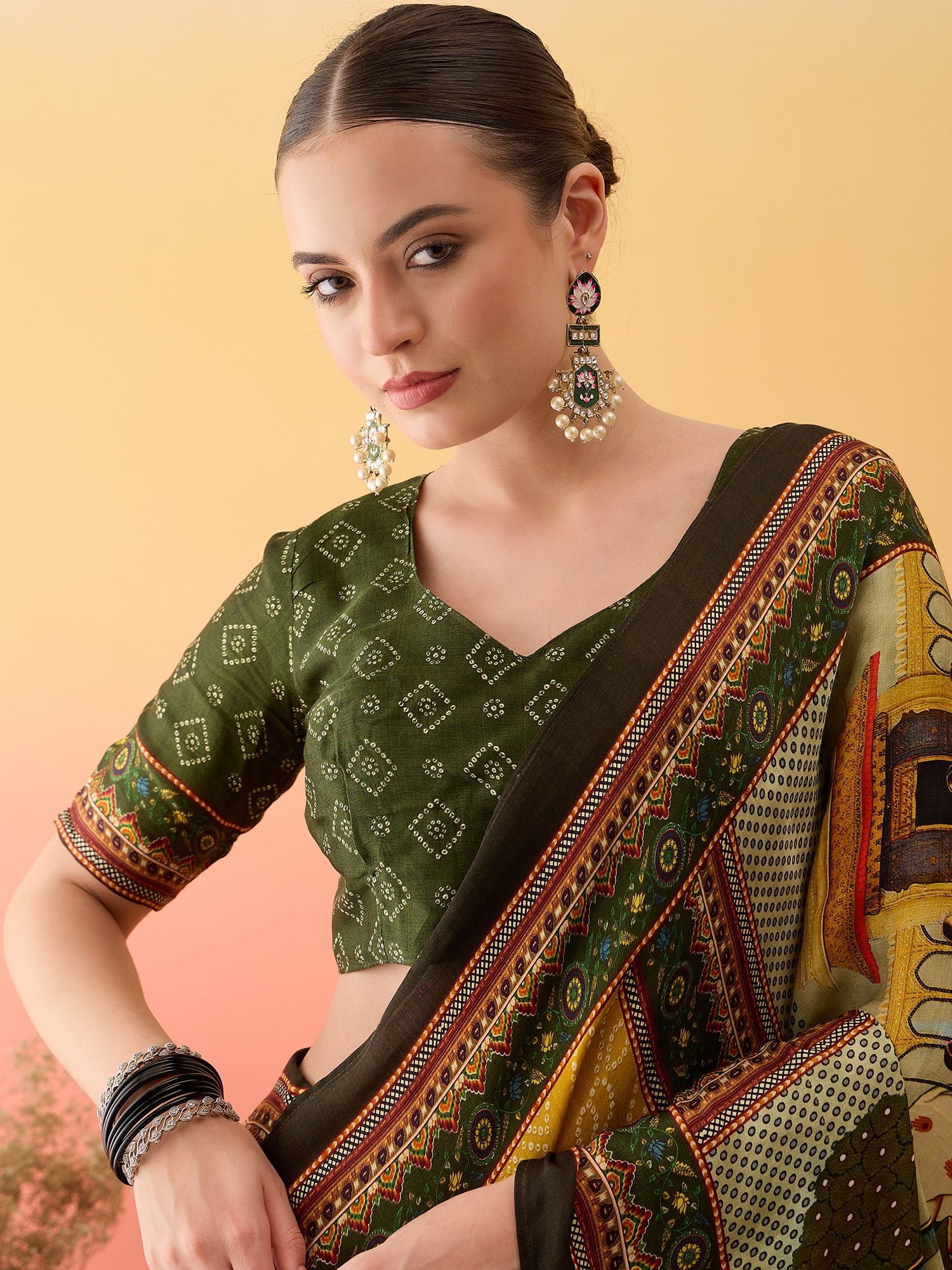 SURTAAL-Mustard Yellow Bandhani Print Saree with Artistic Village Scene Pallu & Traditional Border