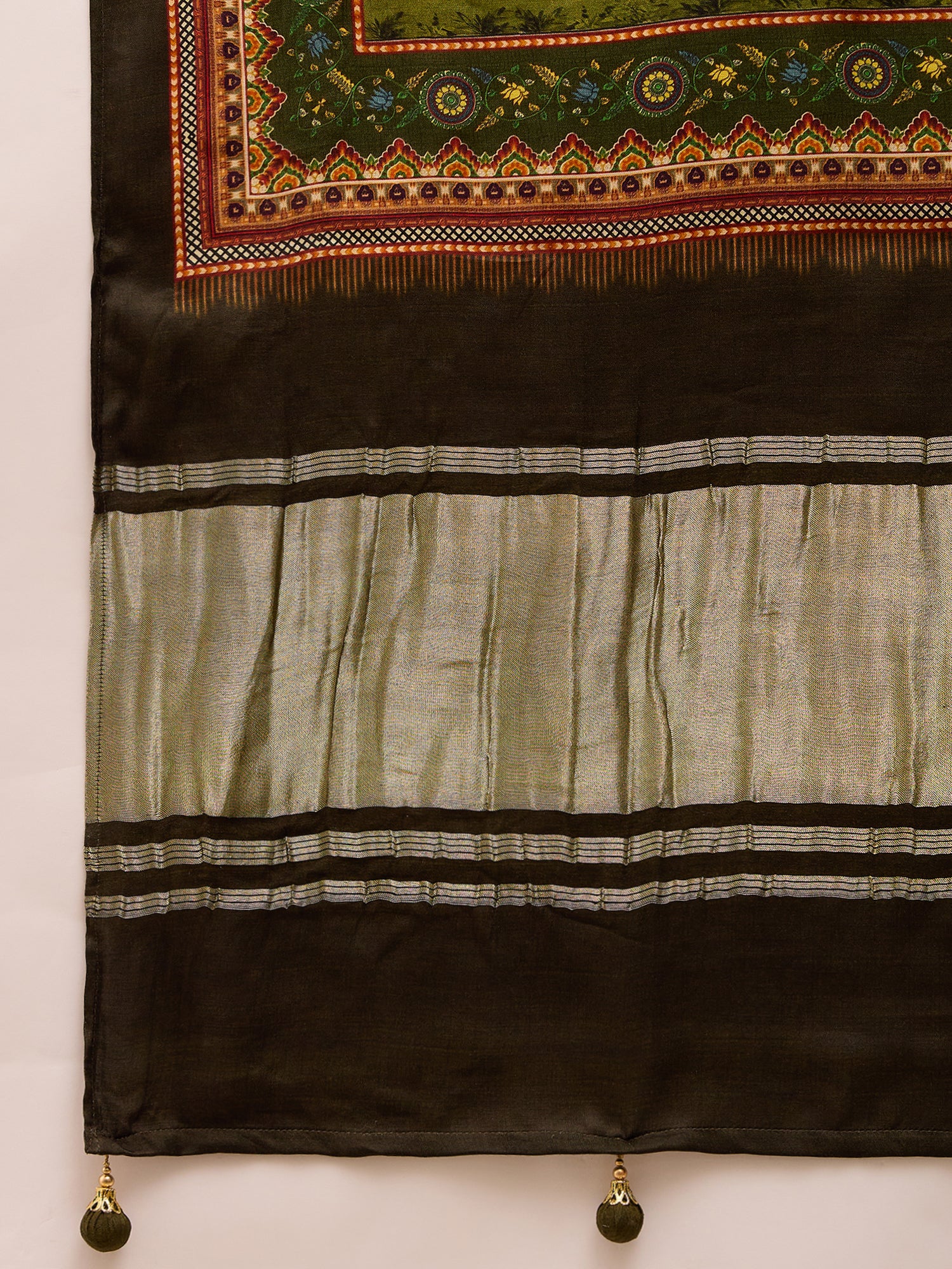SURTAAL-Mustard Yellow Bandhani Print Saree with Artistic Village Scene Pallu & Traditional Border