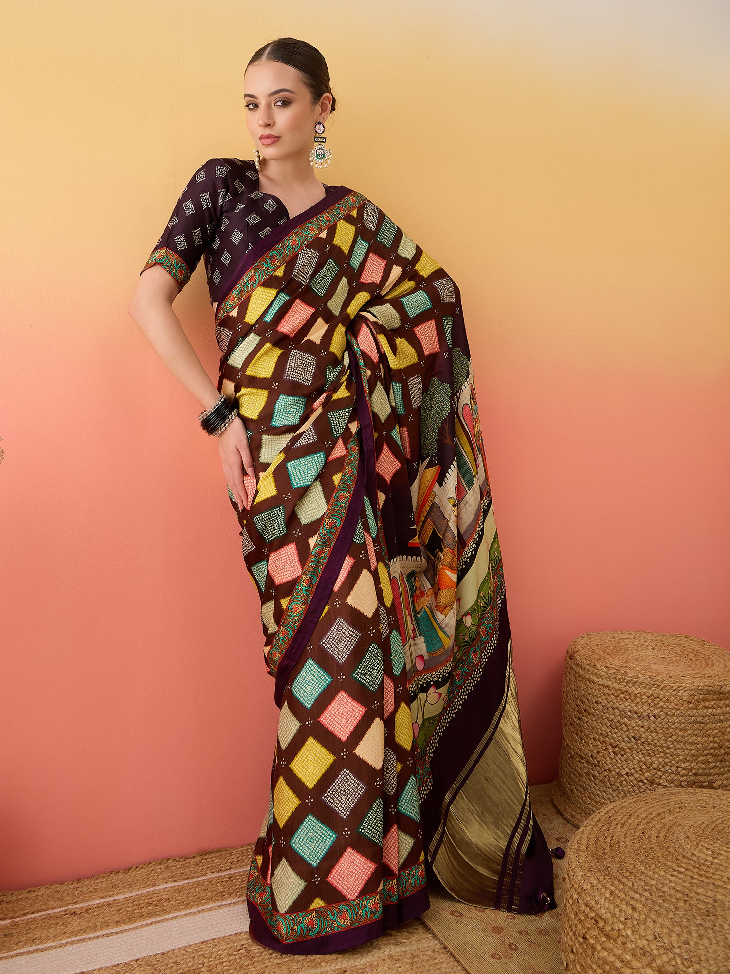 Figure Print Saree with Checks Pattern