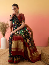 SURTAAL-Elegant Black Printed Saree with Floral Heritage Border & Maroon Pallu