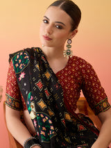SURTAAL-Elegant Black Printed Saree with Floral Heritage Border & Maroon Pallu