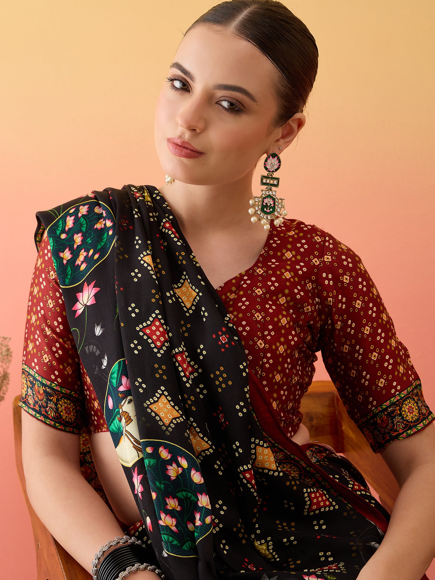 SURTAAL-Elegant Black Printed Saree with Floral Heritage Border & Maroon Pallu