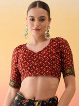 SURTAAL-Elegant Black Printed Saree with Floral Heritage Border & Maroon Pallu