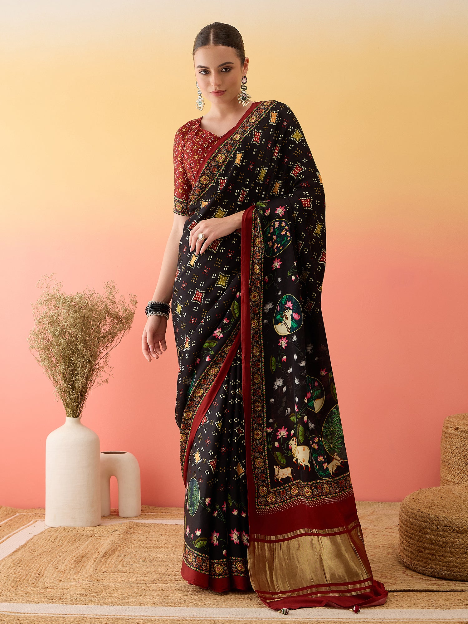 SURTAAL-Elegant Black Printed Saree with Floral Heritage Border & Maroon Pallu
