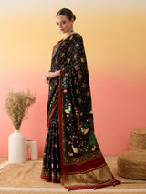 SURTAAL-Elegant Black Printed Saree with Floral Heritage Border & Maroon Pallu