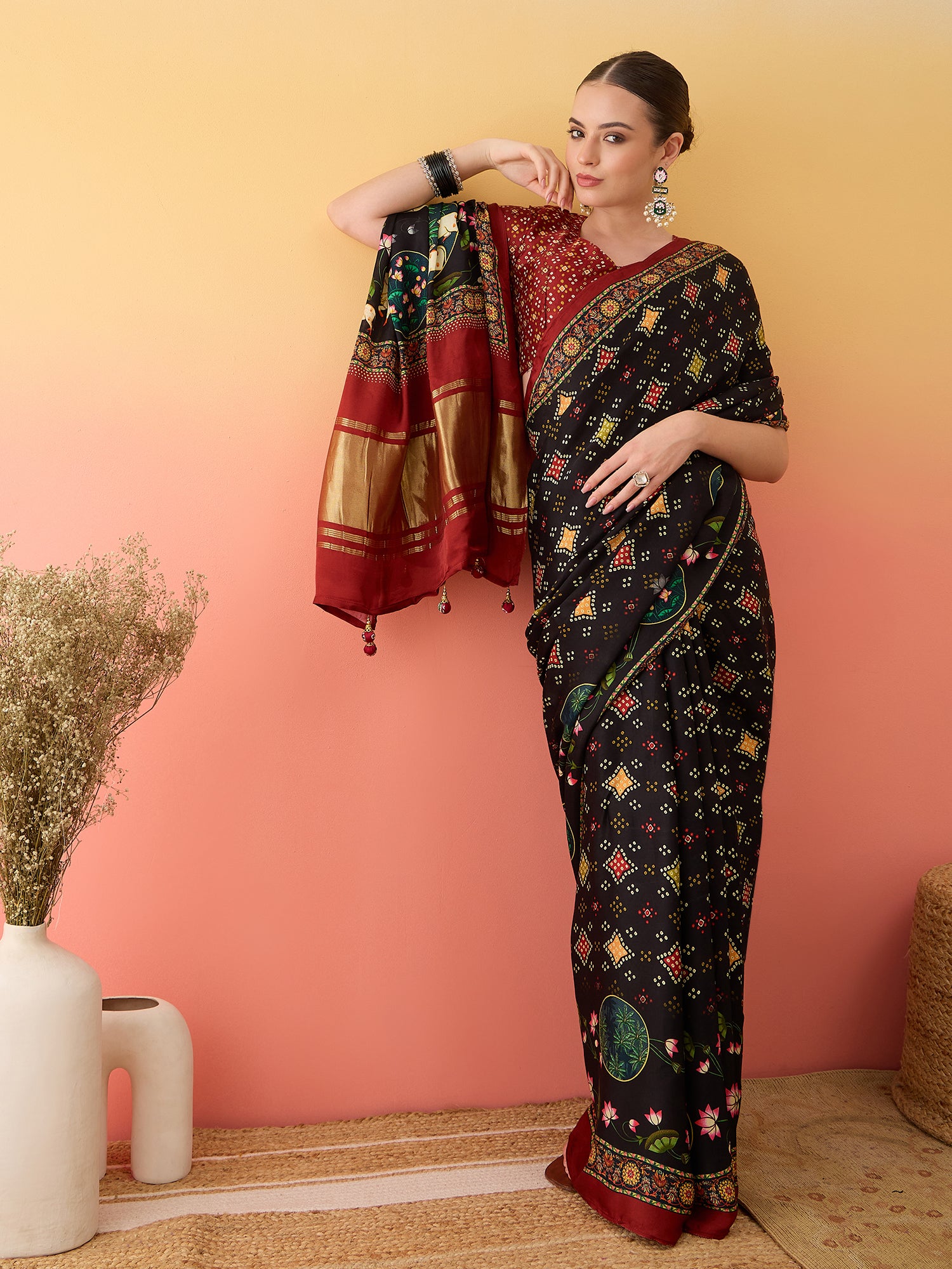 SURTAAL-Elegant Black Printed Saree with Floral Heritage Border & Maroon Pallu