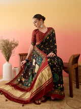SURTAAL-Elegant Black Printed Saree with Floral Heritage Border & Maroon Pallu