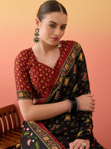 SURTAAL-Elegant Black Printed Saree with Floral Heritage Border & Maroon Pallu