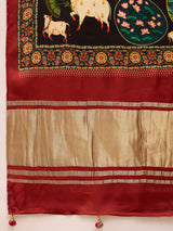 SURTAAL-Elegant Black Printed Saree with Floral Heritage Border & Maroon Pallu
