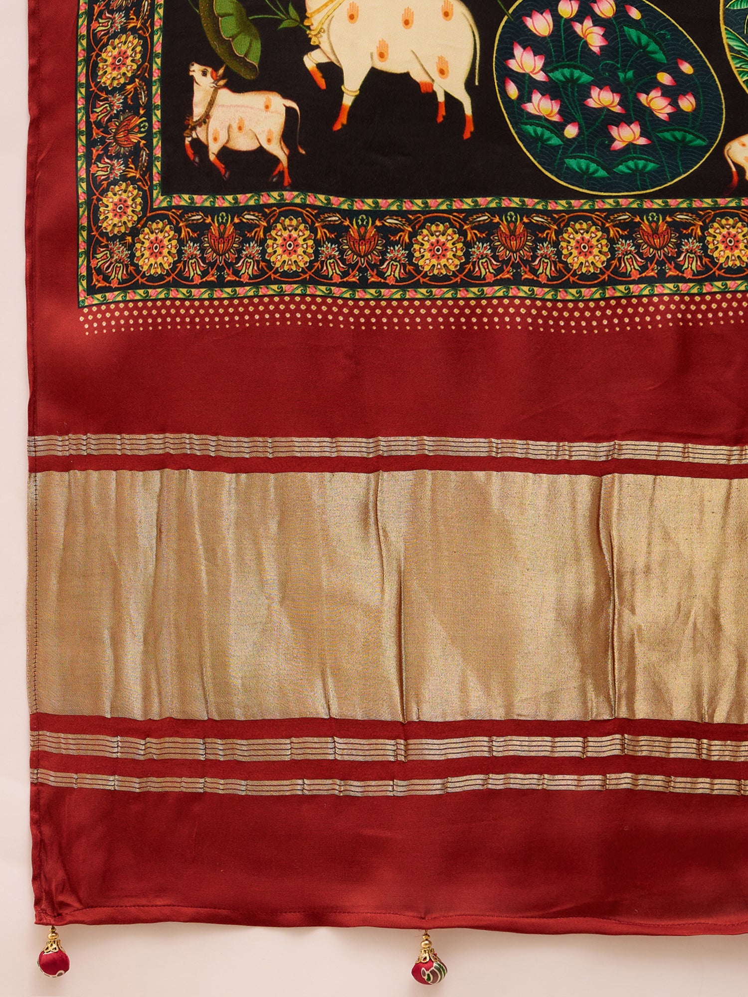 SURTAAL-Elegant Black Printed Saree with Floral Heritage Border & Maroon Pallu