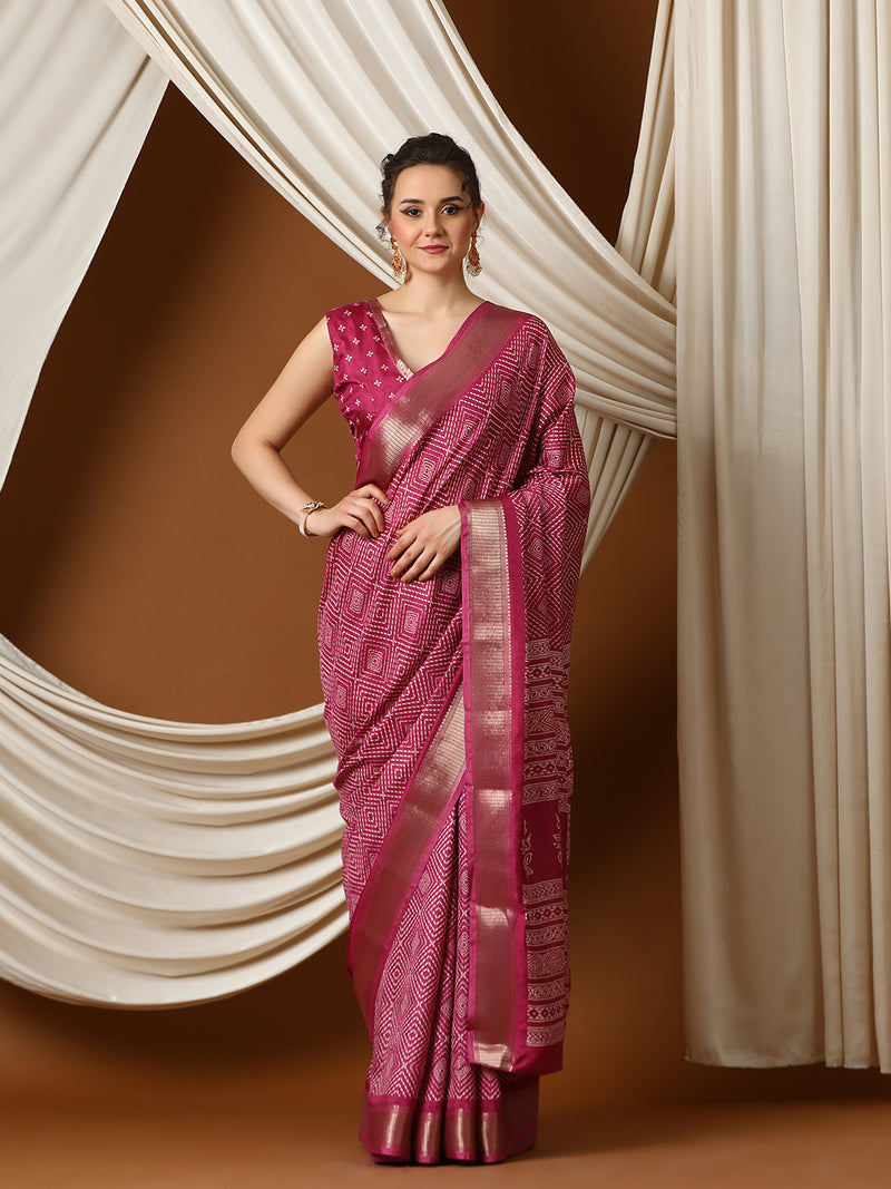 UNIVERSE Dola Silk Saree Triangle Pattern Zari Weaving Border Designer saree - Apple Lifestyle