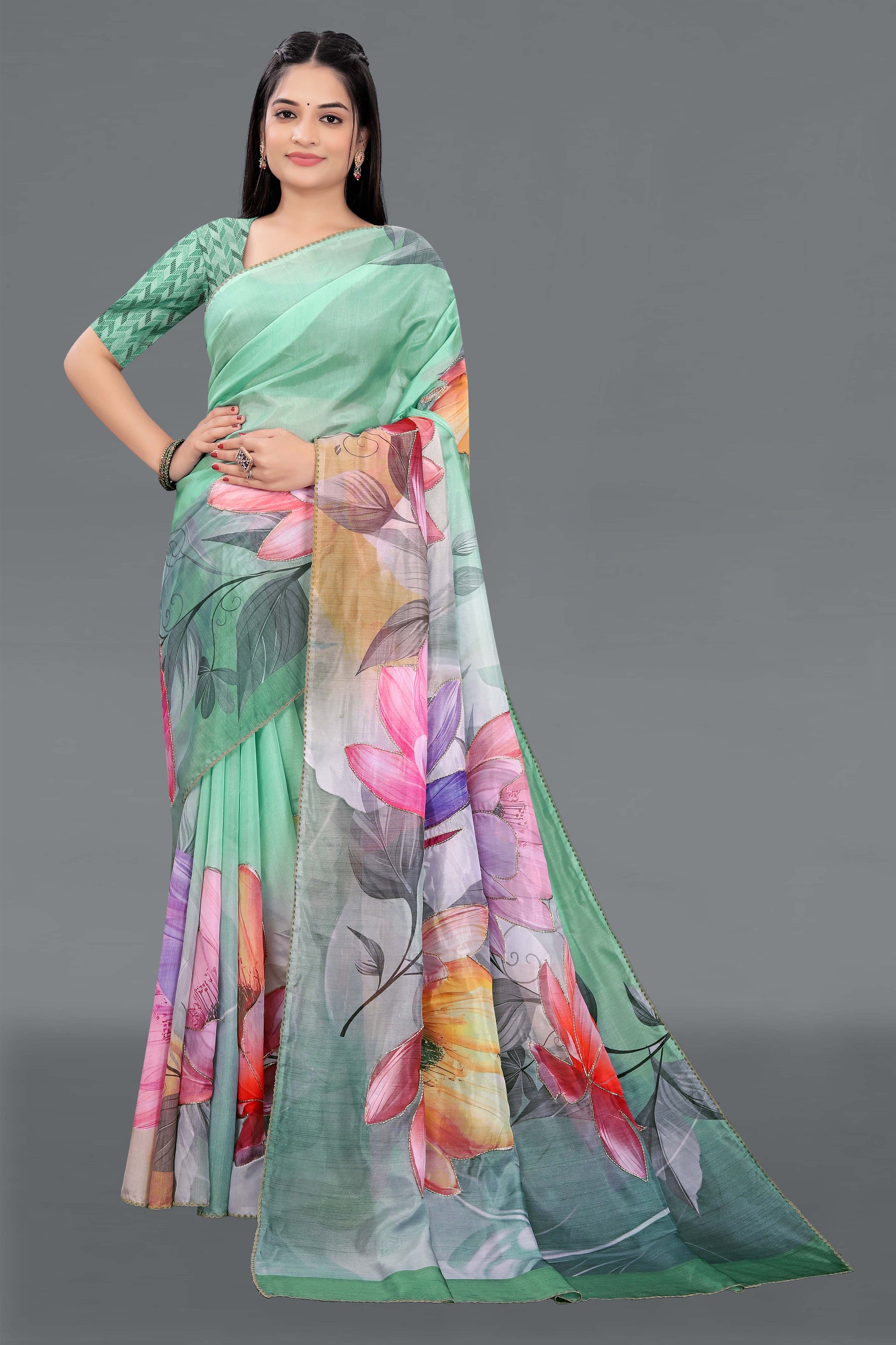 HARMONY-Mint Green Organza Saree with Multicolor Floral Print and Elegant Designer Blouse
