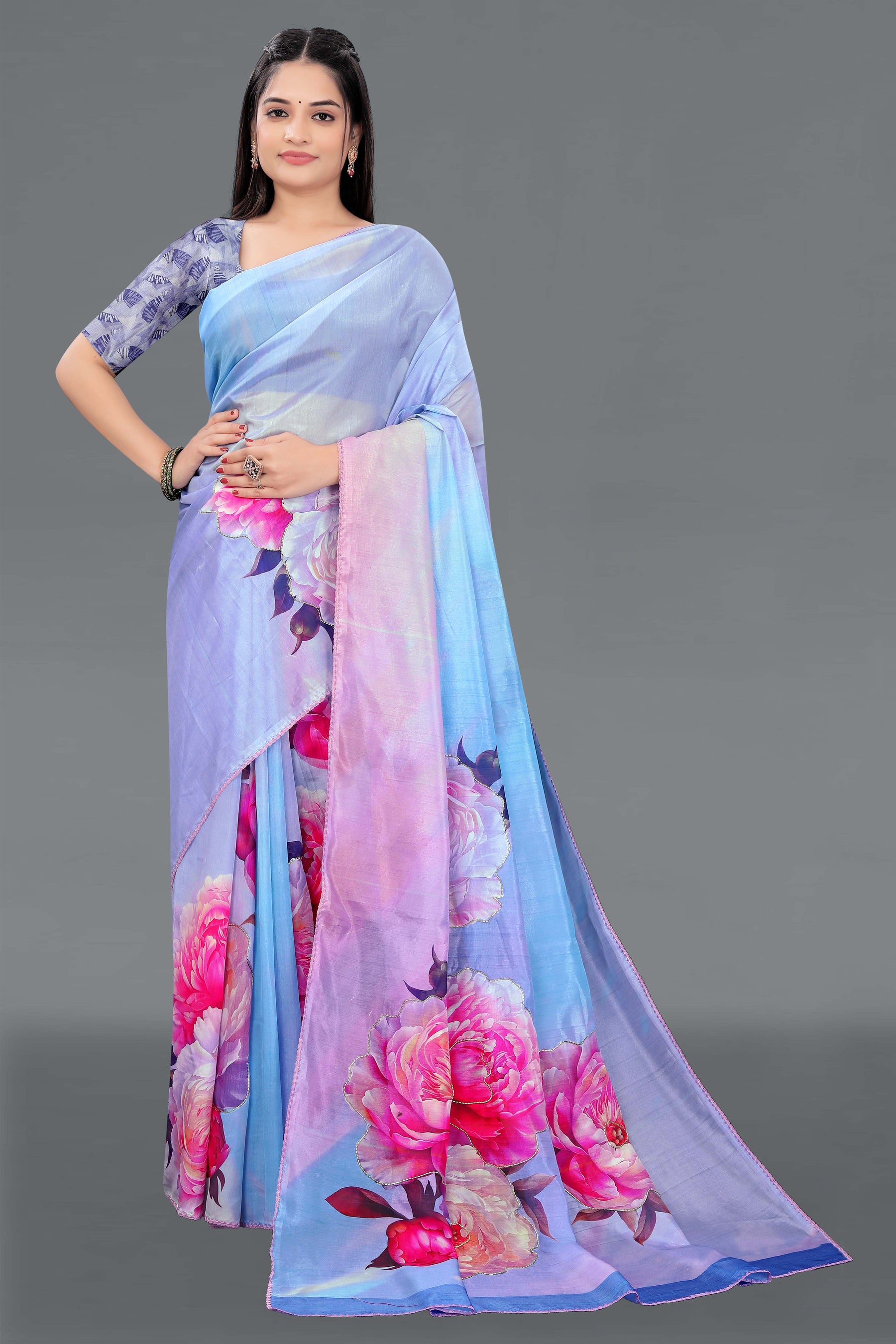 HARMONY-Lavender Blue Organza Saree with Pink Floral Print and Elegant Designer Blouse