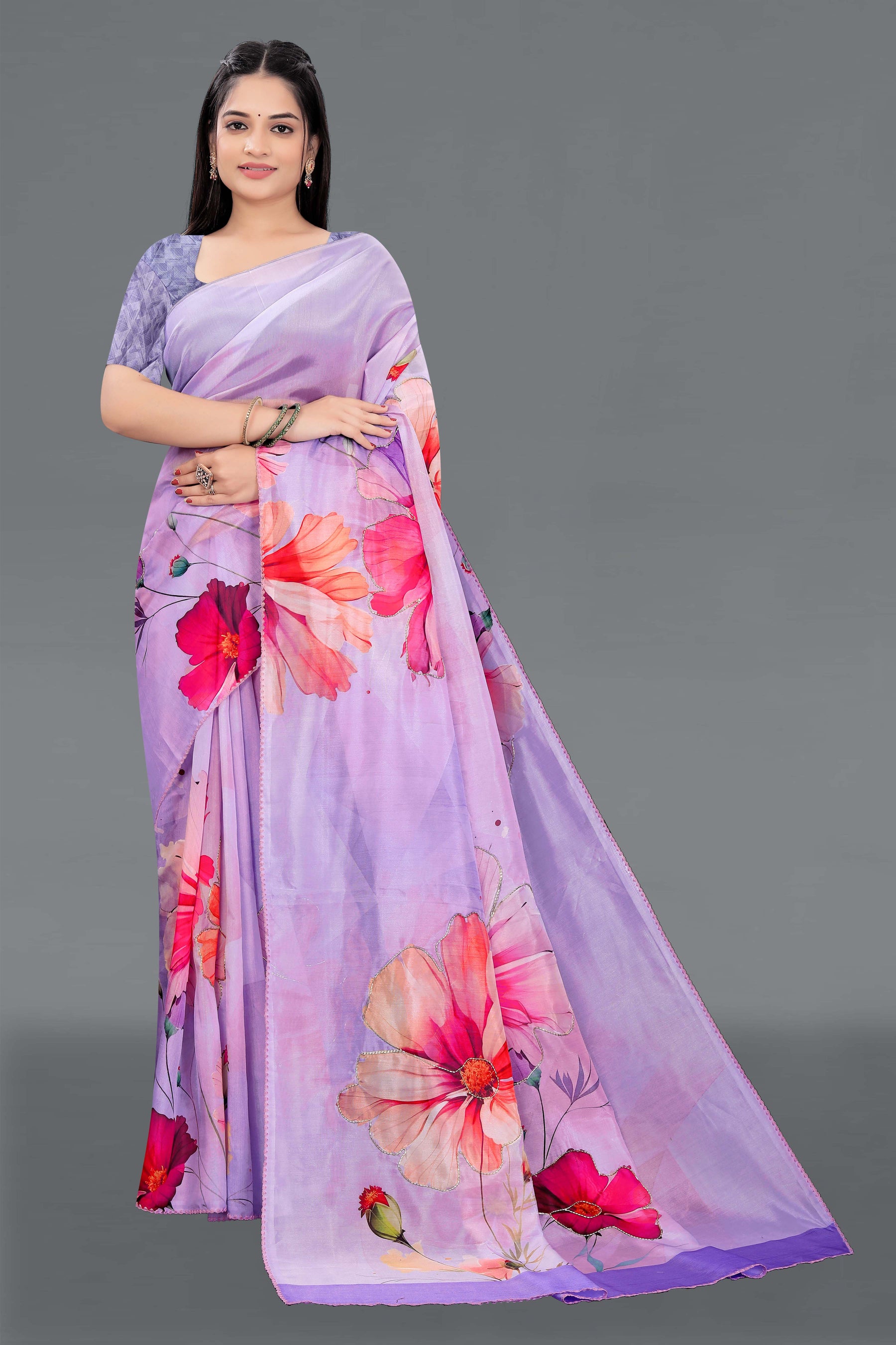 HARMONY-Lavender Floral Organza Saree with Multicolor Blossom Print and Designer Blouse