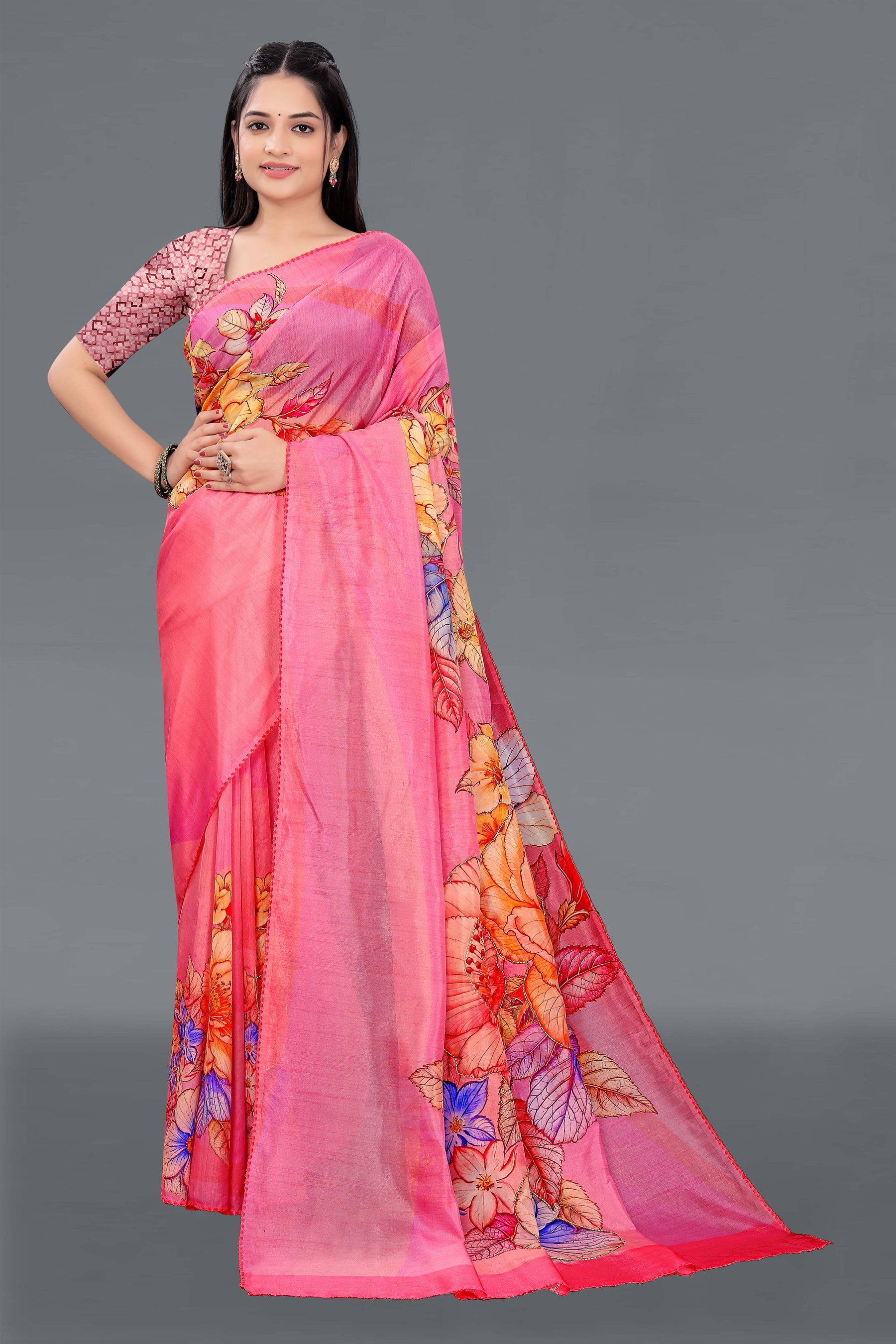 HARMONY-Pink Organza Saree with Multicolor Floral Border Print and Designer Blouse