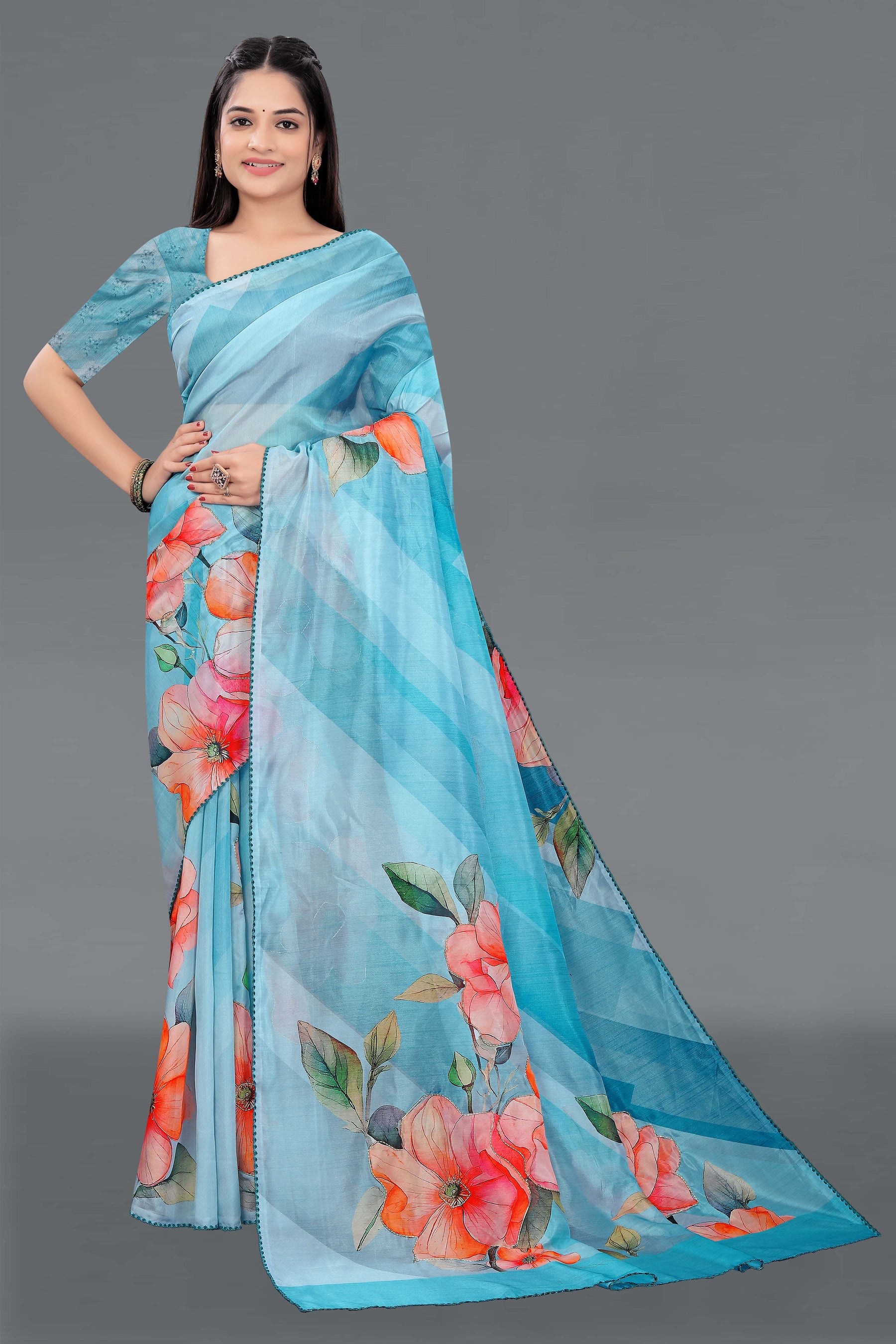 HARMONY-Sky Blue Organza Saree with Floral Print and Elegant Designer Blouse