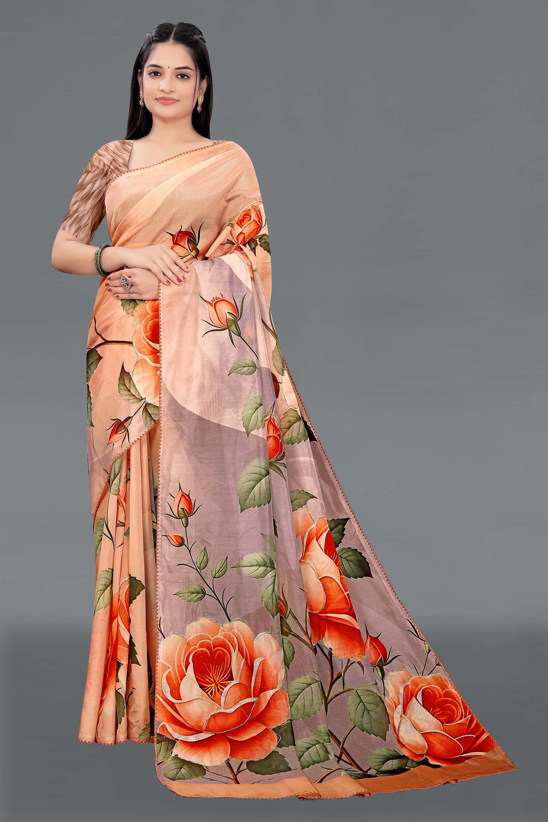 HARMONY-Peach Organza Saree with Orange Rose Floral Print and Elegant Designer Blouse