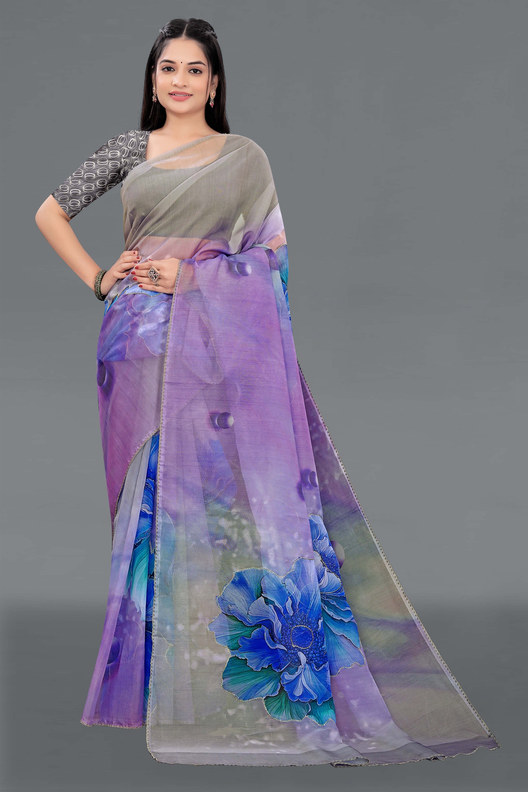 HARMONY-Elegant lavender and grey shaded saree with artistic floral digital print