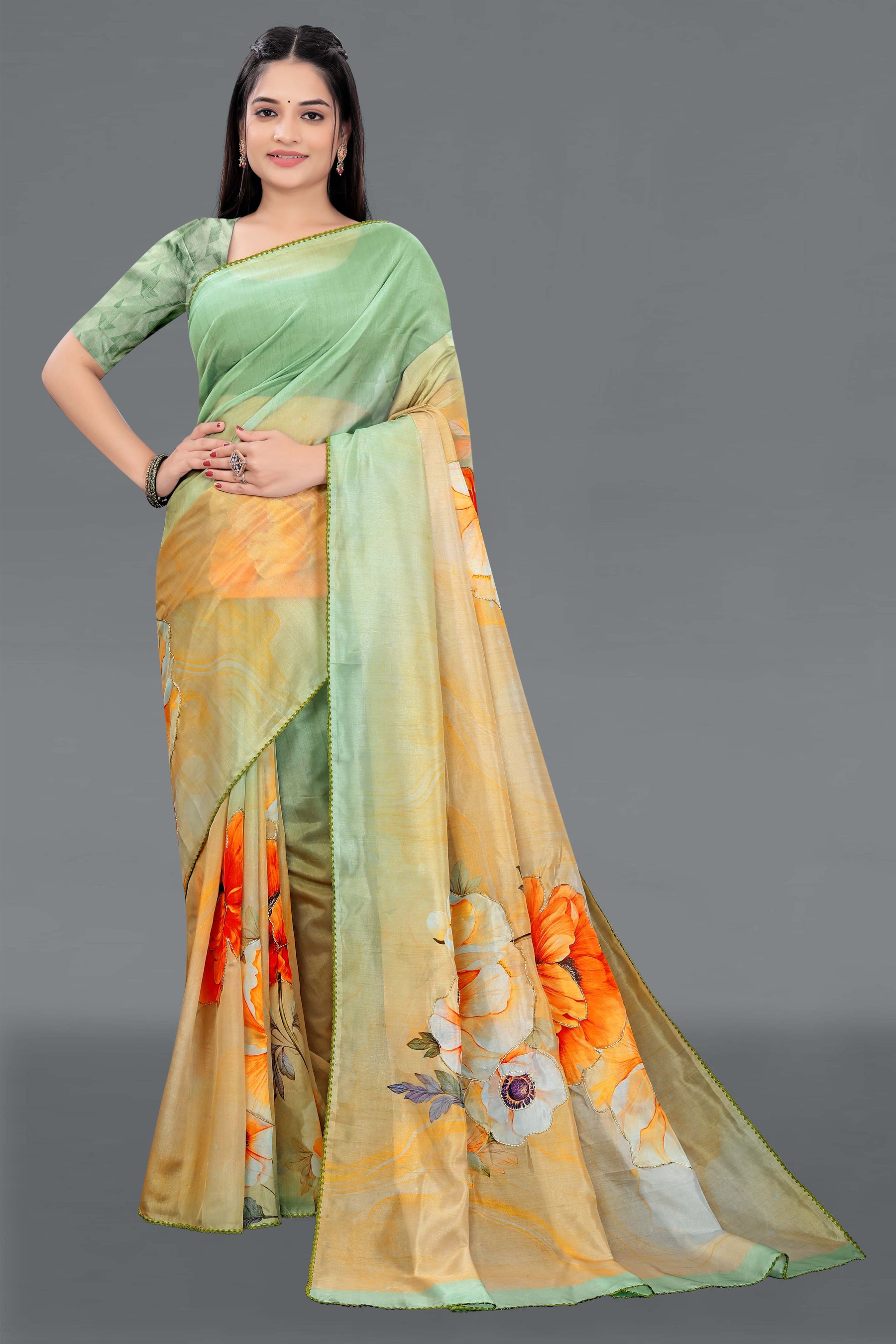 HARMONY-Mint Green & Beige Floral Designer Saree