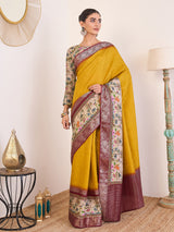 RIWAAYAT-Royal Mustard Yellow Linen Silk Saree with Floral Printed Border & Rich Zari Weaving