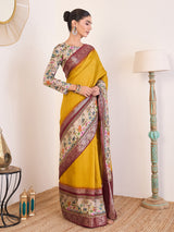 RIWAAYAT-Royal Mustard Yellow Linen Silk Saree with Floral Printed Border & Rich Zari Weaving