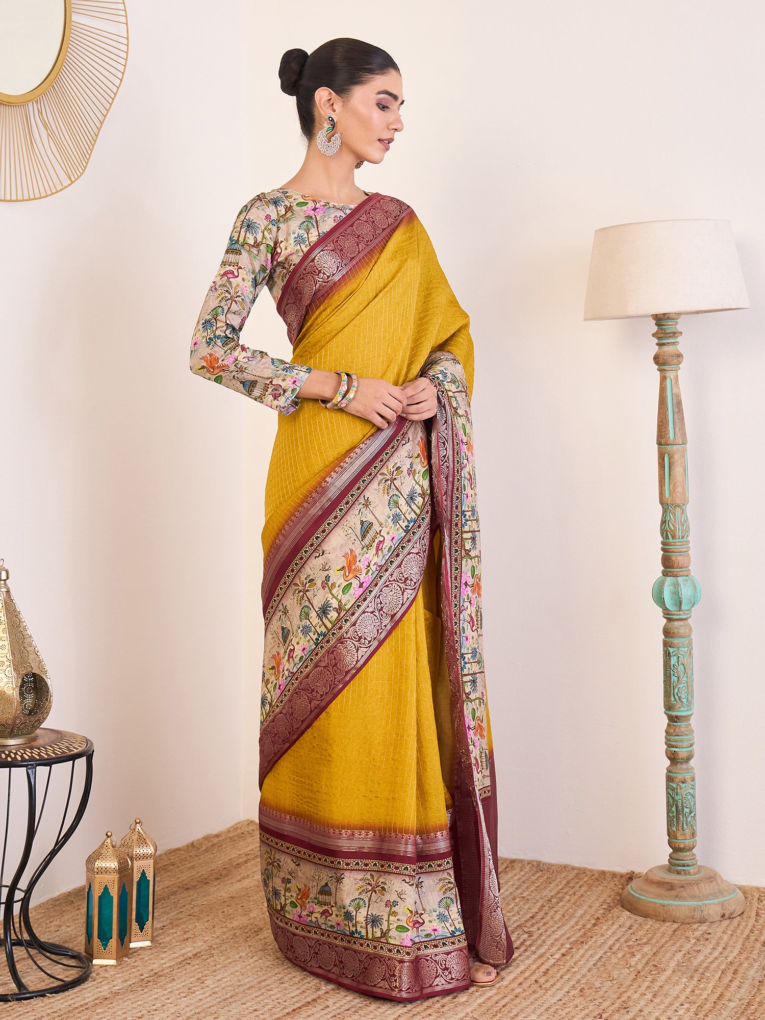 RIWAAYAT-Royal Mustard Yellow Linen Silk Saree with Floral Printed Border & Rich Zari Weaving