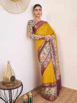 RIWAAYAT-Royal Mustard Yellow Linen Silk Saree with Floral Printed Border & Rich Zari Weaving