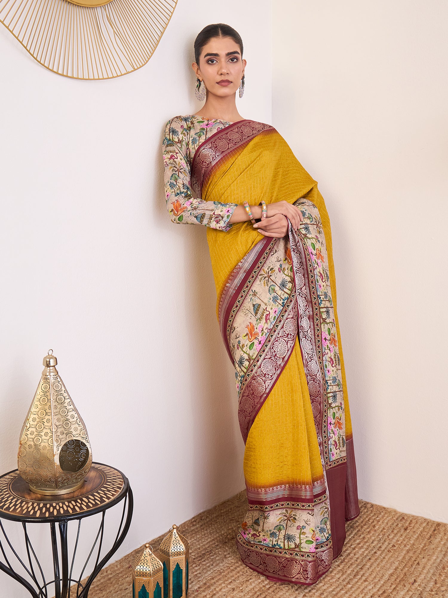 RIWAAYAT-Royal Mustard Yellow Linen Silk Saree with Floral Printed Border & Rich Zari Weaving
