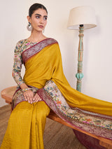 RIWAAYAT-Royal Mustard Yellow Linen Silk Saree with Floral Printed Border & Rich Zari Weaving
